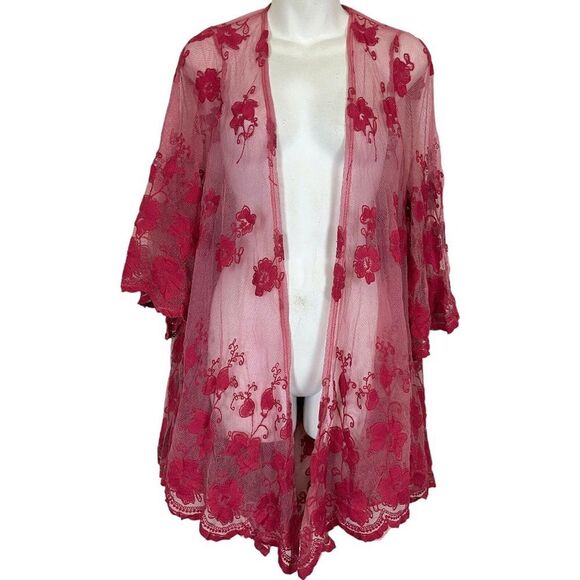 Dee Elly Jackets & Blazers - Dee Elly Pink Lace Embroidered Open Sheer Coverup Top Jacket Floral Fairy sz S